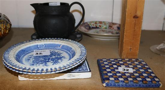 Wedgwood jug & plate, pearlware plates, 2 tiles etc